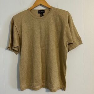 Lisa‎ Originals Gold Metallic Sparkle Knit Short Sleeve Top Women's Size L VTG